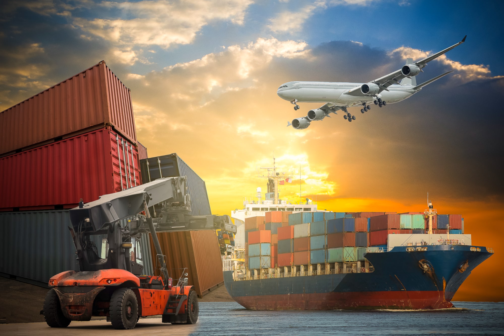 Shipping and logistics concept showing cargo containers, a cargo ship, a forklift, and an airplane at sunset.